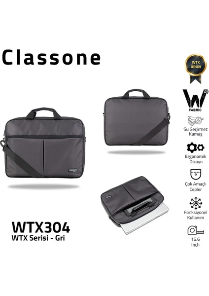 WTX304 Wtxpro serisi 15.6 Inch Uyumlu Su Geçirmez Kumaş Macbook, Laptop , Notebook El Çantası- Gri