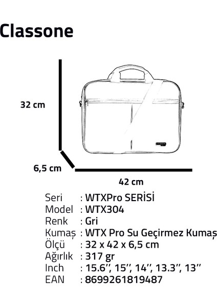 WTX304 Wtxpro serisi 15.6 Inch Uyumlu Su Geçirmez Kumaş Macbook, Laptop , Notebook El Çantası- Gri