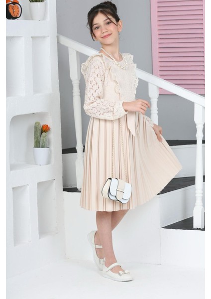 Bej Dantel Tüllü Kemerli Kız Çocuk Kolye Ve Çantalı Elbise 18070