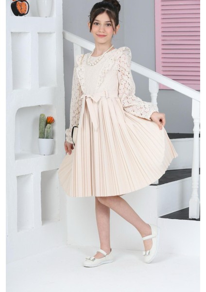 Bej Dantel Tüllü Kemerli Kız Çocuk Kolye Ve Çantalı Elbise 18070 fiyatları