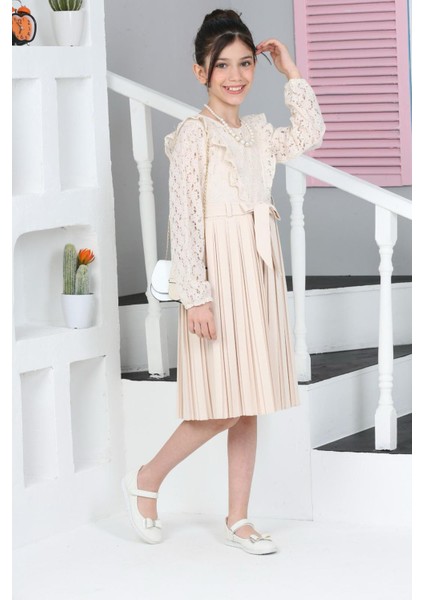 Bej Dantel Tüllü Kemerli Kız Çocuk Kolye Ve Çantalı Elbise 18070 modelleri