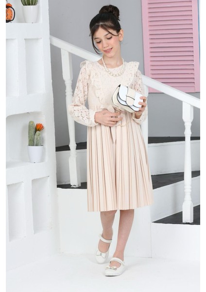 Bej Dantel Tüllü Kemerli Kız Çocuk Kolye Ve Çantalı Elbise 18070 fırsatları