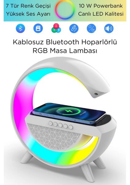 Telefon Kablosuz Hızlı Şarj Aleti Masa Lambası Bluetooth Hoparlör Speaker Gece Lambası LED G Lamba Beyaz