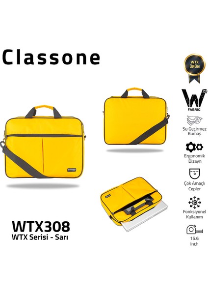 WTX308 Wtxpro serisi 15.6 Inch Uyumlu Su Geçirmez Kumaş Macbook, Laptop , Notebook El Çantası- Sarı