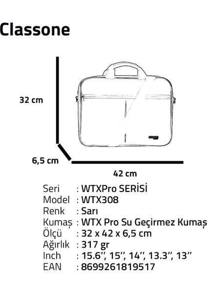 WTX308 Wtxpro serisi 15.6 Inch Uyumlu Su Geçirmez Kumaş Macbook, Laptop , Notebook El Çantası- Sarı