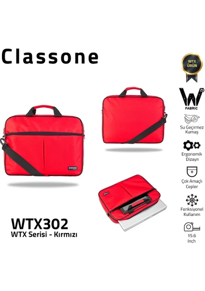 WTX302 Wtxpro serisi 15.6 Inch Uyumlu Su Geçirmez Kumaş Macbook, Laptop , Notebook El Çantası- Kırmızı