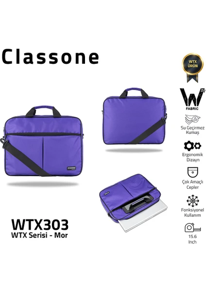 WTX303 Wtxpro serisi 15.6 Inch Uyumlu Su Geçirmez Kumaş Macbook, Laptop , Notebook El Çantası- Mor