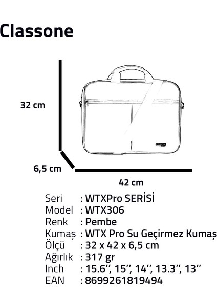 WTX306 Wtxpro serisi 15.6 Inch Uyumlu Su Geçirmez Kumaş Macbook, Laptop , Notebook El Çantası- Pembe