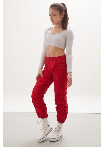 Kırmızı Şerit Dikişli Kız Paraşüt Pantolon 18005