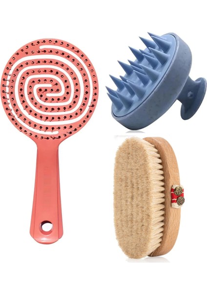 3 Lü Set Doğal At Kılı Fırça ve Tarak Saç Masaj Ürünü Tüm Cilt Tipleri İçin