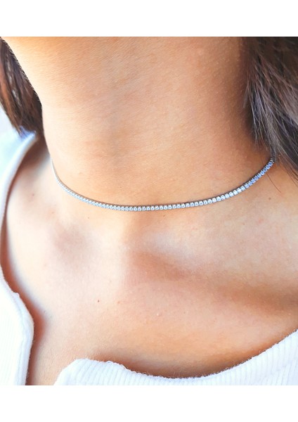 Gümüş Beyaz Taşlı Choker Su Yolu Kolye