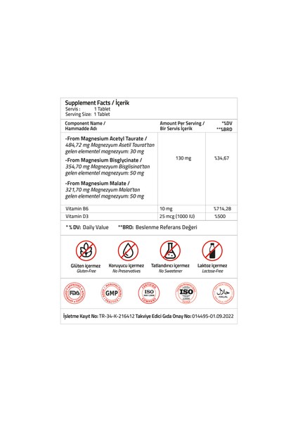 Magnezyum Complex Bisglycinate Taurat Malat Vitamin B6 Vitamin D3 1000 Ünite 30 Tablets modelleri