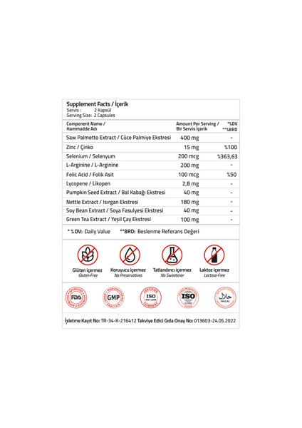 Saw Palmetto 400 mg + L-Arginine + Pumpkin Seed + Lycopene 60 Capsules (Drcaps) modelleri