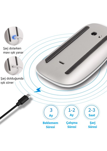 Bluetooth Touch Şarjlı Mouse Tablet Telefon Bilgisayar ile Uyumlu Sessiz Dokunmatik Kablosuz Fare
