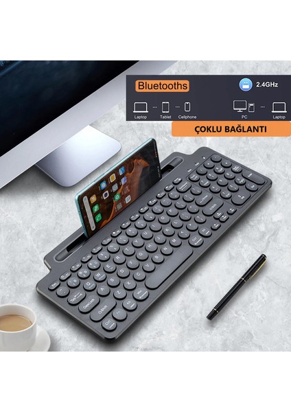 Bluetooth&wireless Kablosuz Standlı Klavye Tablet Telefon Pc Tv Laptop Mac Uyumlu Numerik Sessiz Tuş