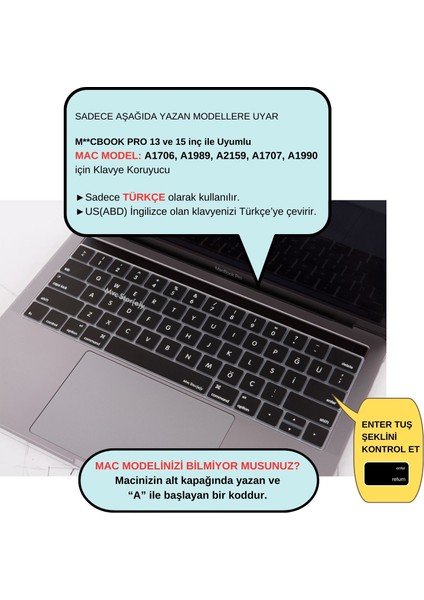 Macbook Pro Klavye Koruyucu US-TR Baskı A1706 A1989 A2159 A1707 A1990 Uyumlu