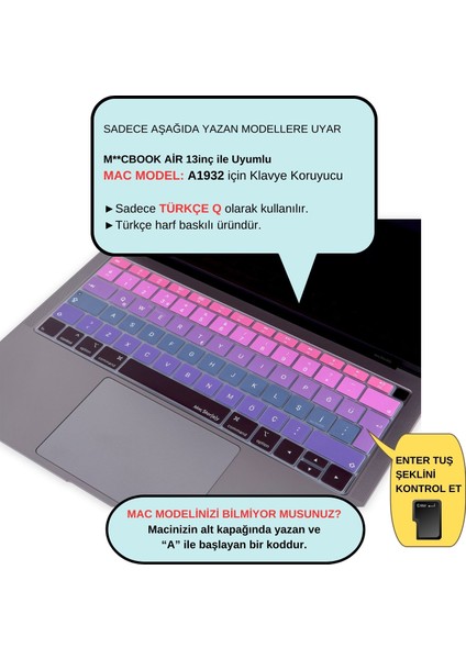 Laptop Macbook Air Klavye Kılıfı Türkçe Q Harf Baskılı A1932 ile Uyumlu Ombre