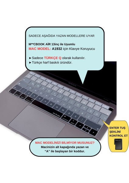 Laptop Macbook Air Klavye Kılıfı Türkçe Q Harf Baskılı A1932 ile Uyumlu Ombre