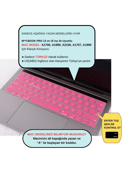 Macbook Pro Klavye Koruyucu US-TR Baskı A1706 A1989 A2159 A1707 A1990 Uyumlu