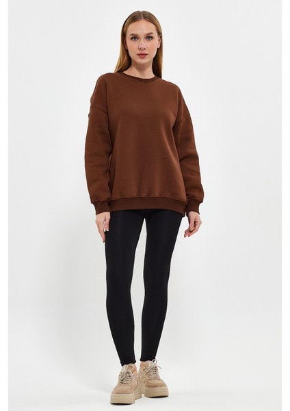 Kahverengi Sweatshirt, Oversize Sweatshirt, Kadın Sweatshirt, Bisiklet Yaka Sweatshirt