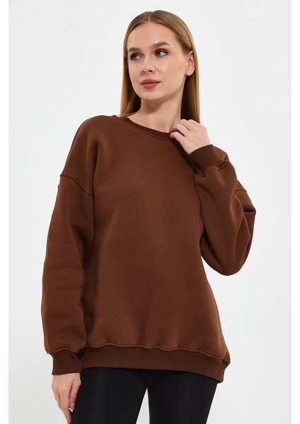 Kahverengi Sweatshirt, Oversize Sweatshirt, Kadın Sweatshirt, Bisiklet Yaka Sweatshirt fırsatları