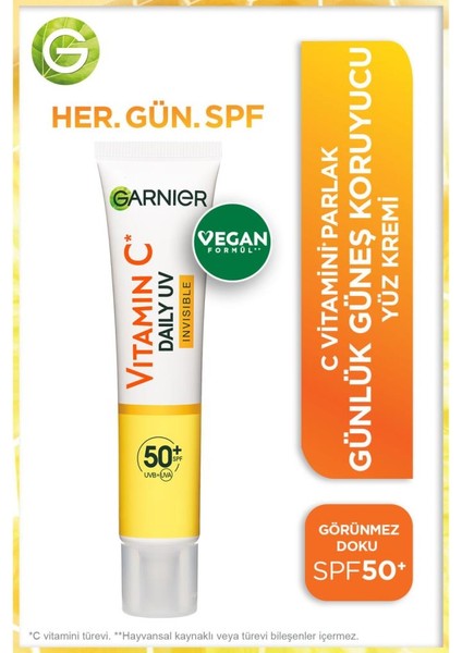 C Vitamini Parlak Günlük Güneş Koruyucu Fluid Yüz Kremi Görünmez Doku SPF50+ 40ML