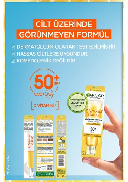 C Vitamini Parlak Günlük Güneş Koruyucu Fluid Yüz Kremi Görünmez Doku SPF50+ 40ML