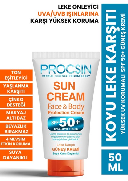 PROCSIN Koyu Leke Karşıtı Yüksek Uv Korumalı SPF 50+ Güneş Kremi 50 ML