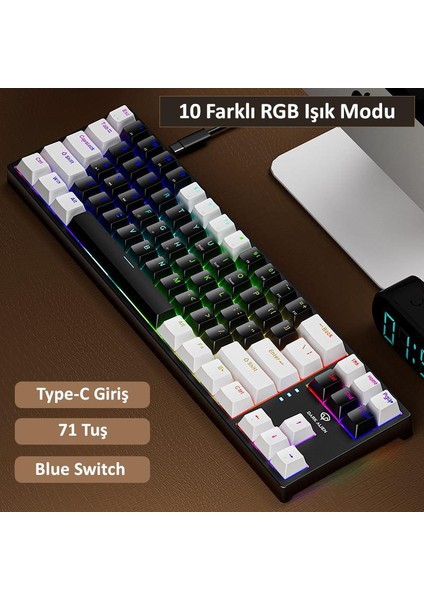 Blue Switch Dark Alien K710 71 Tuş Rgb Gaming Klavye - Mekanik Mavi Tuş Type-C - 2 Kademe Yükseklik Beyazsiyah