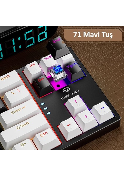 Blue Switch Dark Alien K710 71 Tuş Rgb Gaming Klavye - Mekanik Mavi Tuş Type-C - 2 Kademe Yükseklik Beyazsiyah