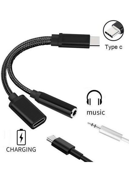 2 In 1 Usb-C Tip C 3.5mm Aux Ses Şarj Kablosu Adaptörü Splitter Kulaklık Jakı USB Tip-C Adaptör Kablosu Xiaomi Huawei Için (Yurt Dışından)