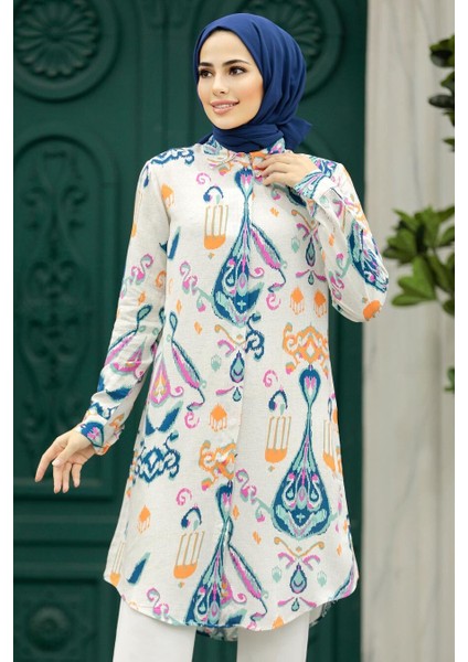 Desenli Lacivert Tesettür Viskon Tunik 11676L