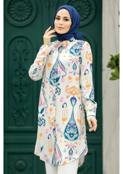 Desenli Lacivert Tesettür Viskon Tunik 11676L fiyatları