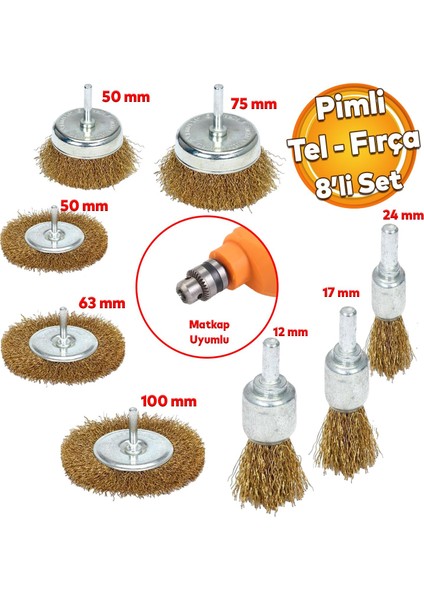 Kalem Çanak Tel Fırça Boya Kurum Pas Zımparalama Temizleme Fırçası Pimli Matkap Uyumlu 8 'li Set