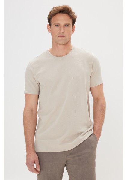 AC&Co / Altınyıldız Classics Erkek Bej Slim Fit Dar Kesim Modal Bisiklet Yaka Yumuşak Tuşeli Esnek Basic Tişört