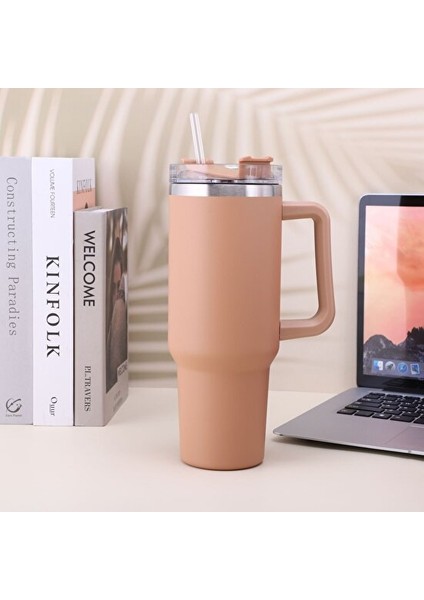 Leopar Baskı Büyük Kapasite 304 Paslanmaz Çelik Saman Vakum Kupası 40OZ T -Araba Kupası (Yurt Dışından)