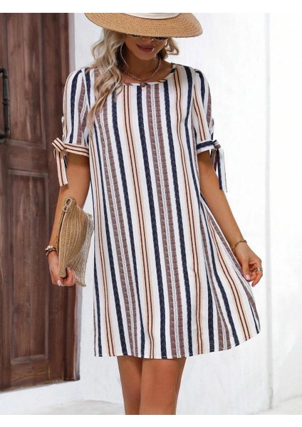 Kadın Krem Lacivert Ithal Keten Baskılı Bisiklet Yaka Astarsız Elbise HZL24S-FRY121011