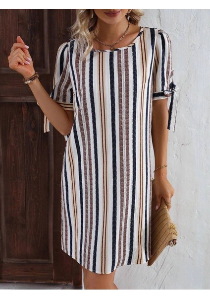 Kadın Krem Lacivert Ithal Keten Baskılı Bisiklet Yaka Astarsız Elbise HZL24S-FRY121011 fırsatları