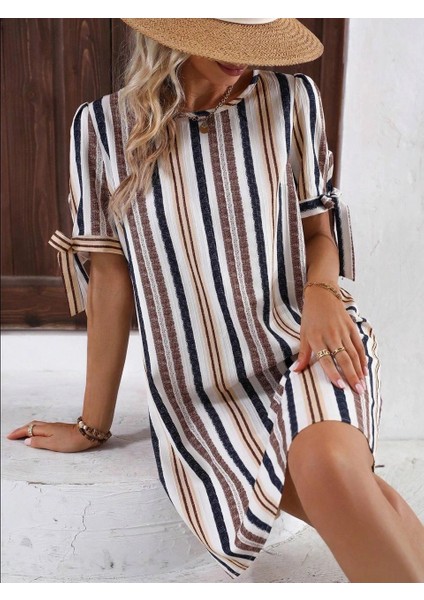 Kadın Krem Lacivert Ithal Keten Baskılı Bisiklet Yaka Astarsız Elbise HZL24S-FRY121011 indirimleri