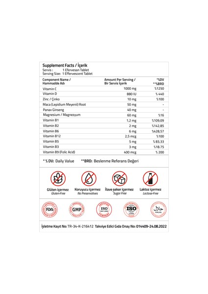 Energy Vitamin C 1000 Mg + Ginseng + Zinc + Maca + Vitamin D3 + Magnesium 15 Effervescent Tablets modelleri