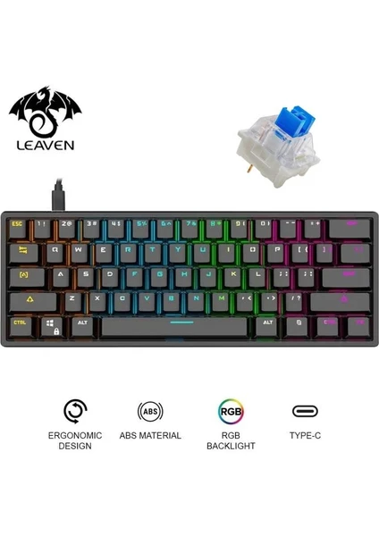 Leaven K620 Blue Switch Mekanik Gaming Oyun Klavyesi Rgb 61 Key Mavi Tuş Type-C Klavye Siyah