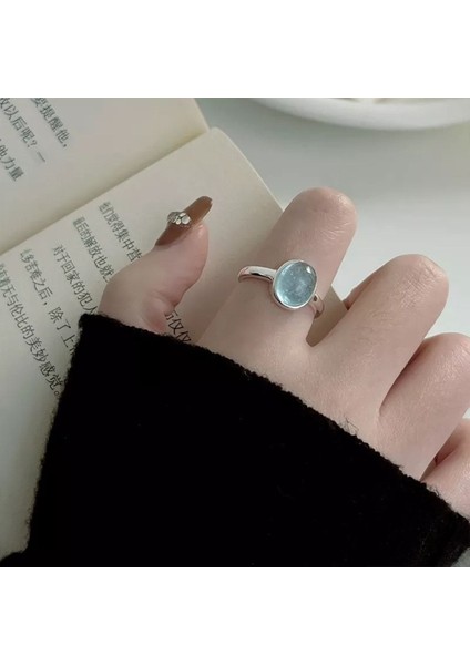925 Ayar Gümüş Mavi Kristal Taşlı Minimalist Ayarlanabilir Yüzük