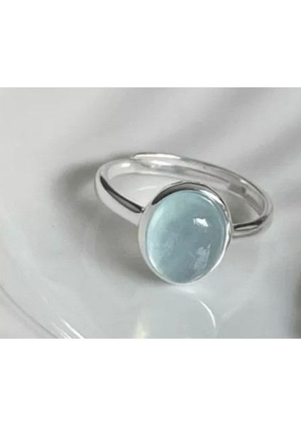 925 Ayar Gümüş Mavi Kristal Taşlı Minimalist Ayarlanabilir Yüzük