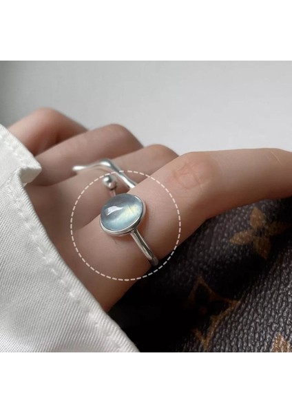 925 Ayar Gümüş Mavi Kristal Taşlı Minimalist Ayarlanabilir Yüzük