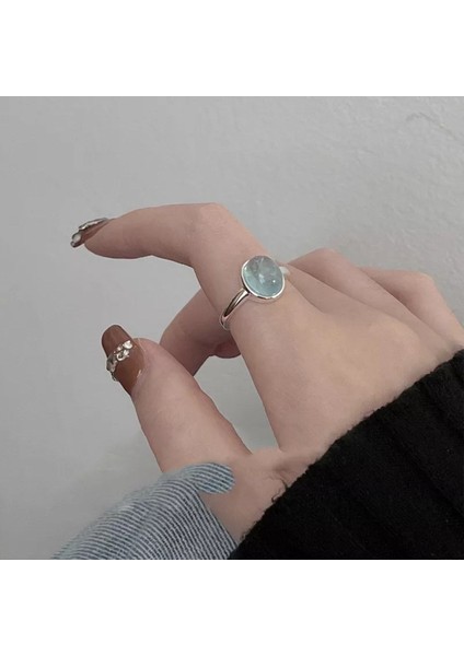 925 Ayar Gümüş Mavi Kristal Taşlı Minimalist Ayarlanabilir Yüzük