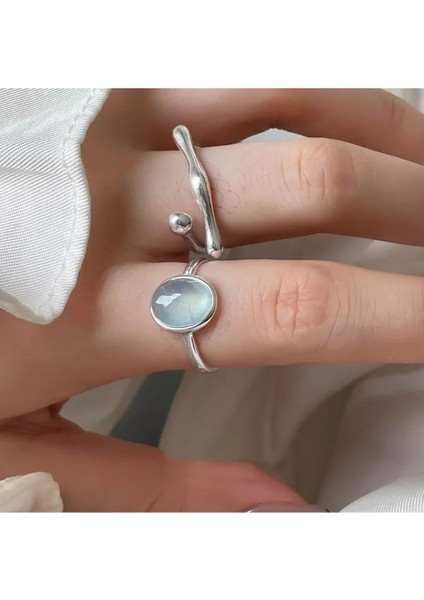 925 Ayar Gümüş Mavi Kristal Taşlı Minimalist Ayarlanabilir Yüzük