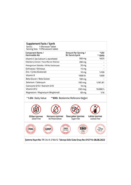 Immun Beta Glucan + Echinacea+ Sambucus Nigra + Coenzyme Q10 + Pelargonium 15 Effervescent Tablets modelleri