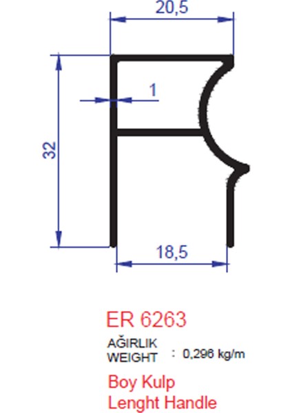 Boy Kulp Profili Er 6263 Inox Parlak 2 Metre