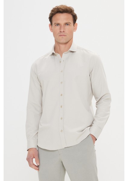Erkek Bej Slim Fit Dar Kesim Italyan Yaka Armürlü Gömlek