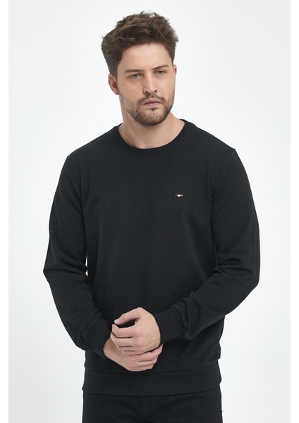 Erkek Siyah-Lacivert-Antrasit Bisiklet Yaka Nakış Detaylı Regular Fit 3'lü Sweatshirt